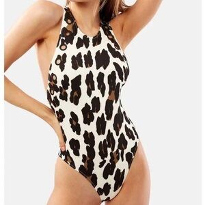 Solid & Striped Leopard Print One-Piece Swimsuit - Black, Brown, Cream